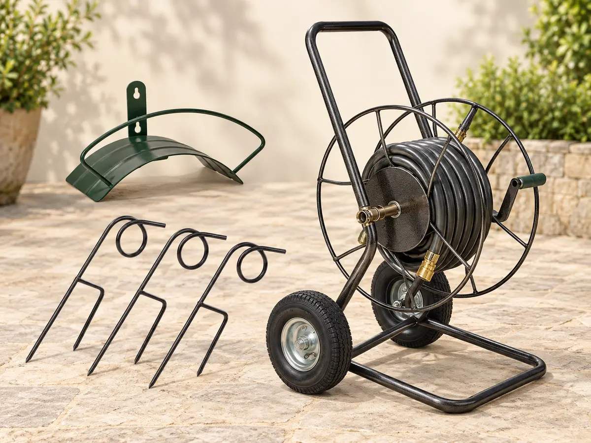 GCT visualization of a Yard Butler IHMK-1 steel hose cart, wall rack and three hose guides