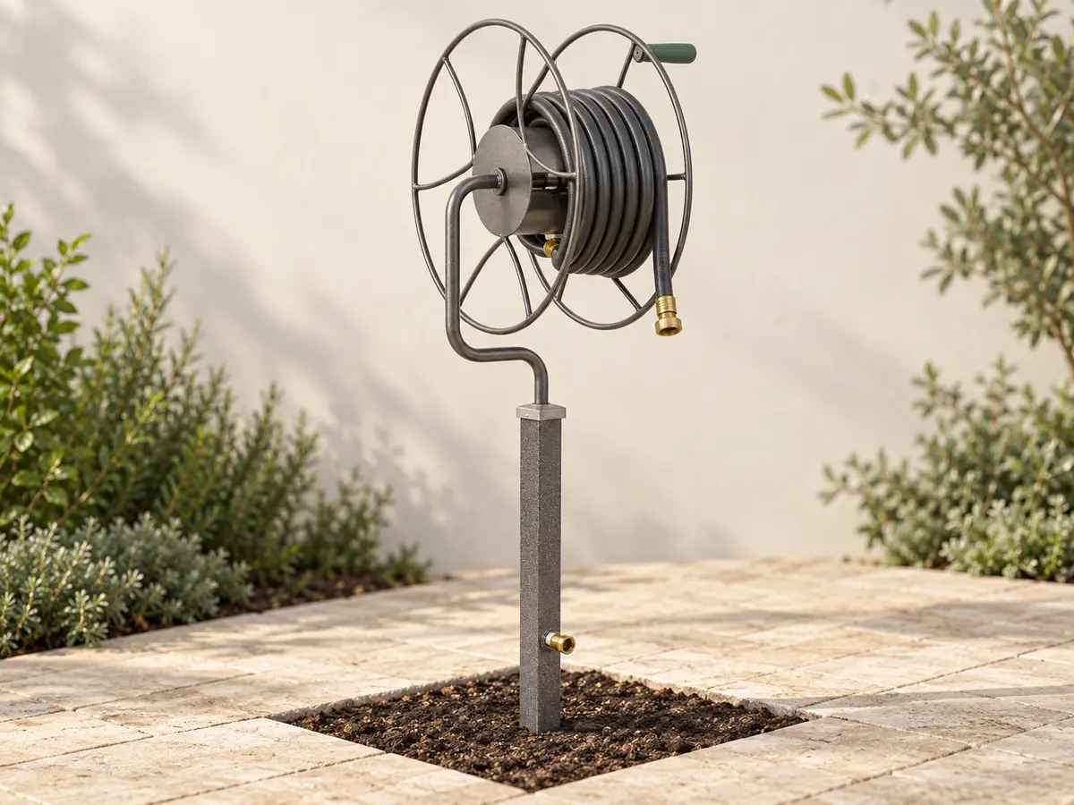 GCT visualization of a gray steel Yard Butler ISR-360 hose reel on a square ground-set post